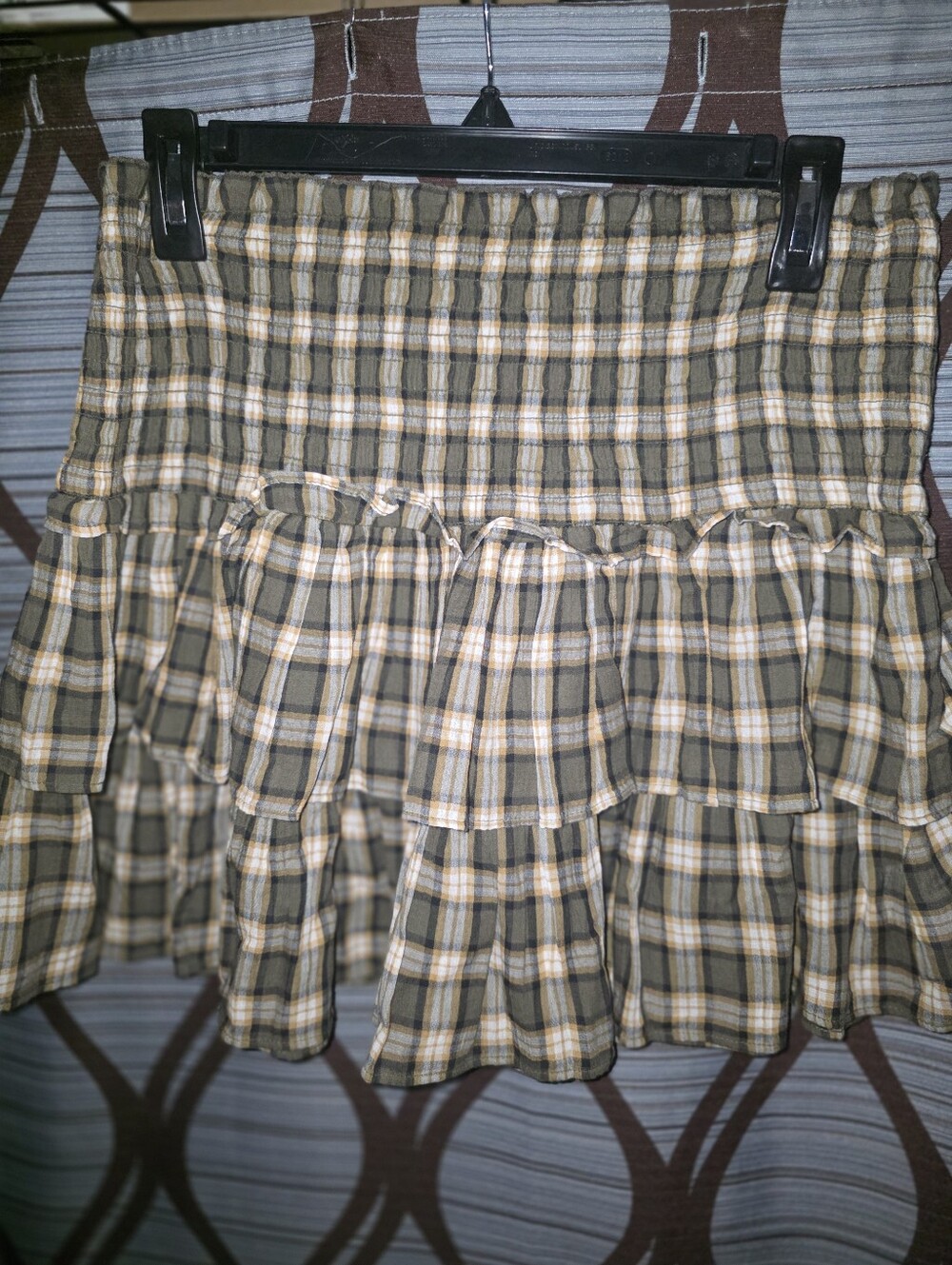 American Eagle Outfitters Olive and Cream Plaid Ruffle Mini Skirt